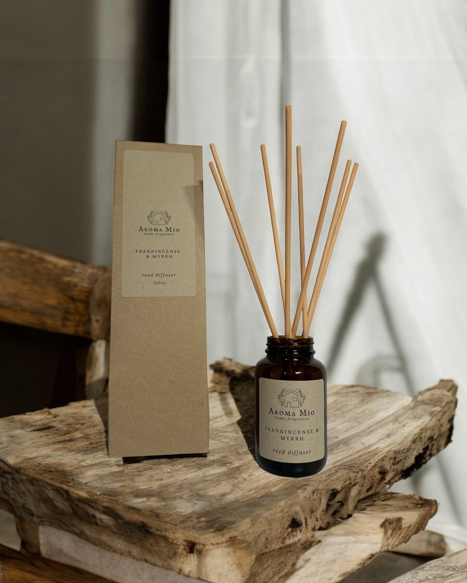 Frankincense &amp; Myrrh Reed Diffuser, offering a luxurious blend of lilac, oriental spice, and warm notes of frankincense, myrrh, and vanilla. Perfect for creating a long-lasting, flameless home fragrance that adds elegance and tranquility to any room.