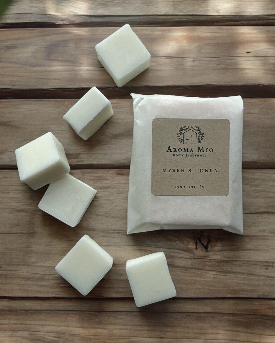 Myrrh &amp; Tonka Wax Melts, featuring a rich blend of aromatic myrrh and sweet tonka bean. Ideal for creating a sophisticated, warm ambiance in your home with a luxurious, long-lasting fragrance that adds elegance and comfort to any space.